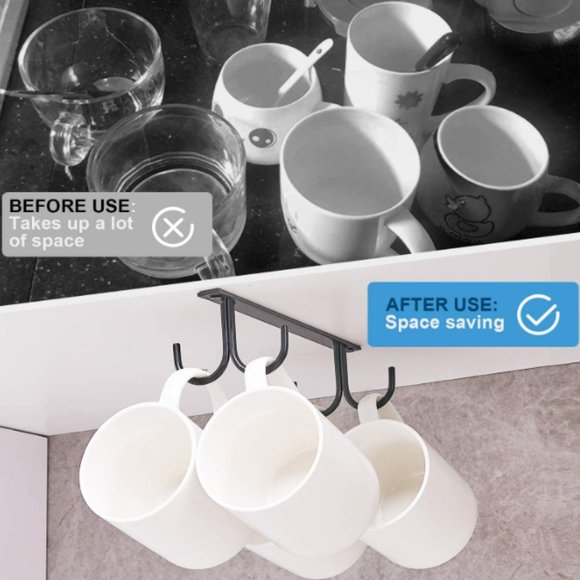 Mug Rack Under Cabinet - Coffee Cup Holder, 12 Mugs Hooks Under Shelf - Picture 2 of 10